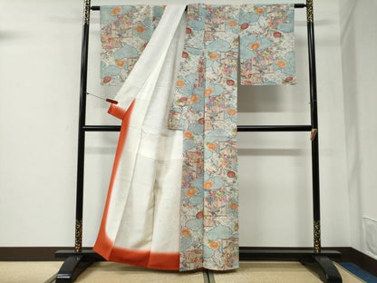 平和屋着物●上質な小紋　絞り　型染め　雲取り飛鶴宝尽くし草花文　鬼しぼ縮緬　正絹　逸品　CABG1044yc