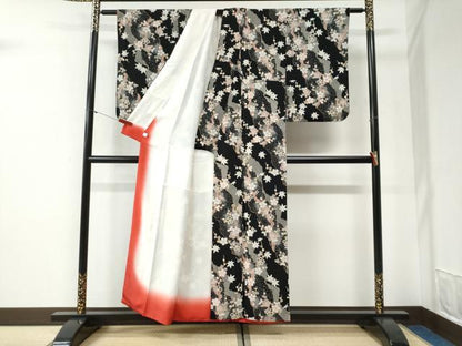 平和屋着物●上質な小紋　楓枝梅文　黒地金彩　鬼しぼ縮緬　鈴乃屋扱い　正絹　逸品　CABG1046yc