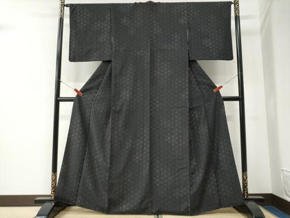 平和屋着物●上質なお召　麻の葉文様　黒地　正絹　逸品　CABG1057yc