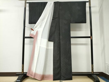 平和屋着物●上質なお召　麻の葉文様　黒地　正絹　逸品　CABG1057yc