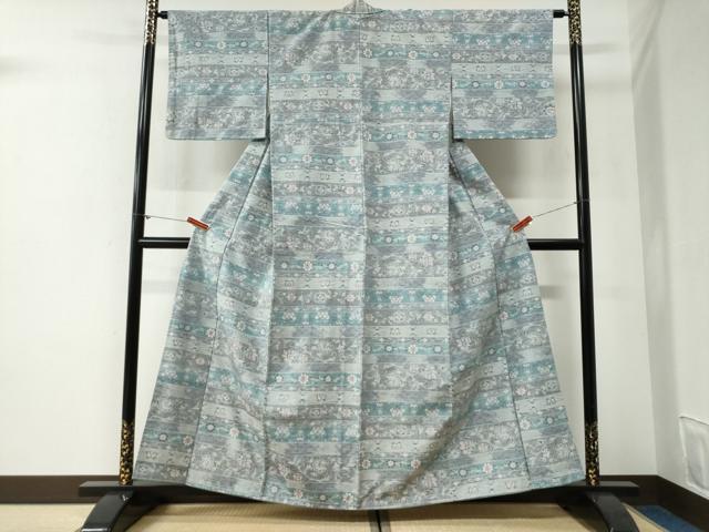 平和屋着物●小千谷紬　横段更紗花唐草文　正絹　逸品　CABG1074yc
