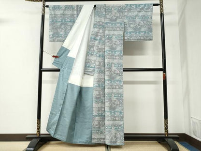 平和屋着物●小千谷紬　横段更紗花唐草文　正絹　逸品　CABG1074yc