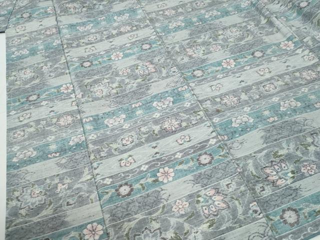 平和屋着物●小千谷紬　横段更紗花唐草文　正絹　逸品　CABG1074yc