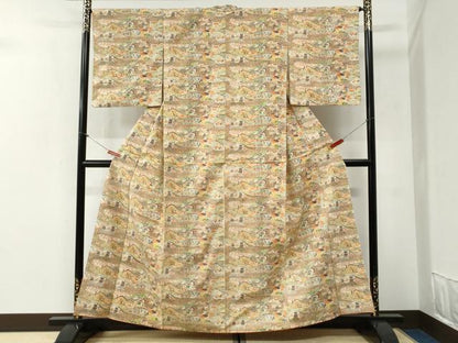 平和屋着物●上質な紬　型染め　風景文　正絹　逸品　CABG1076yc