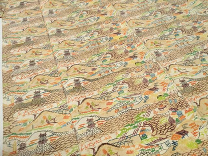 平和屋着物●上質な紬　型染め　風景文　正絹　逸品　CABG1076yc