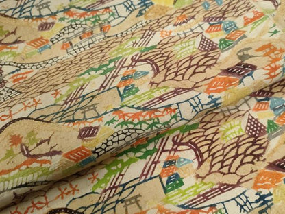 平和屋着物●上質な紬　型染め　風景文　正絹　逸品　CABG1076yc