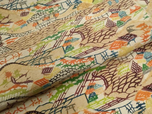 平和屋着物●上質な紬　型染め　風景文　正絹　逸品　CABG1076yc