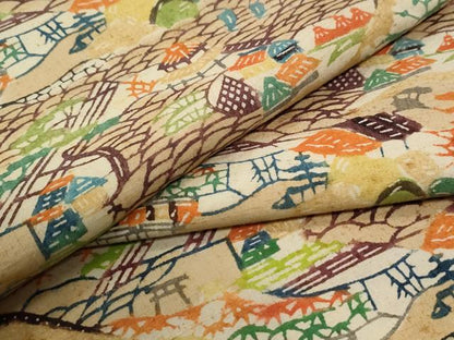 平和屋着物●上質な紬　型染め　風景文　正絹　逸品　CABG1076yc