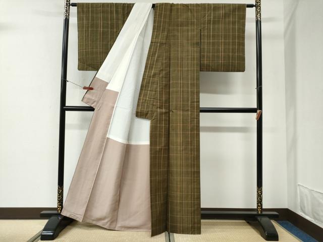 平和屋着物●上質な紬　格子　正絹　逸品　CABG1096yc