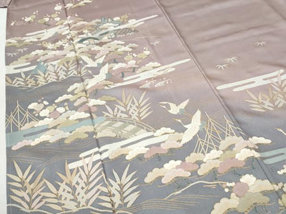 平和屋着物●訪問着　エ霞飛鶴松竹梅風景文　暈し染め　金彩　正絹　逸品　未使用　CABG1099yc