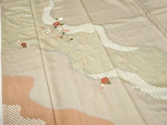 平和屋着物●訪問着　絞り　刺繍　草花文　金彩　ロング丈　正絹　逸品　CABG1105yc