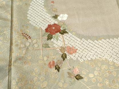 平和屋着物●訪問着　絞り　刺繍　草花文　金彩　ロング丈　正絹　逸品　CABG1105yc
