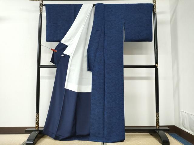 平和屋着物●上質な小紋　藍　型染め　風景花文　正絹　逸品　CABG1108yc