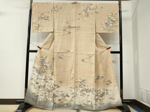 平和屋着物●訪問着　紬地　作家物　松竹梅風景文　正絹　逸品　未使用　CABG1111yc