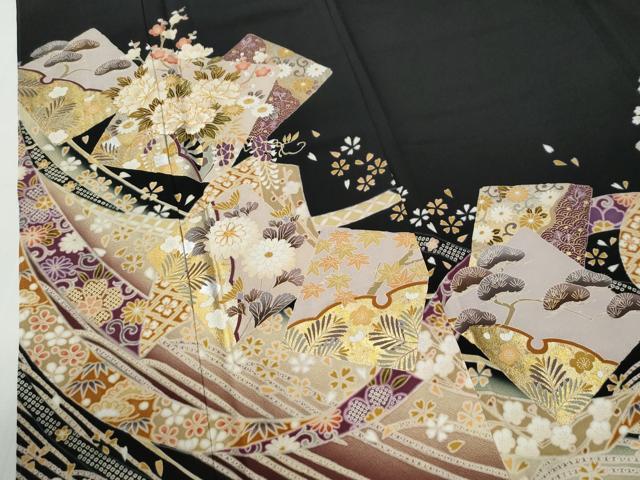 平和屋着物●豪華黒留袖　駒刺繍　鬘帯色紙重ね松竹梅花文　暈し染め　金彩　正絹　逸品　CABG1118yc