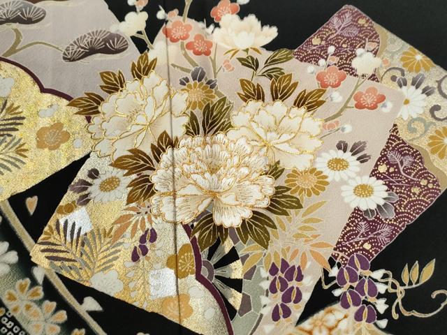平和屋着物●豪華黒留袖　駒刺繍　鬘帯色紙重ね松竹梅花文　暈し染め　金彩　正絹　逸品　CABG1118yc