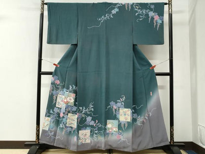 平和屋着物●名門・上野家　上野街子　清染居　訪問着　葡萄蔦の葉色紙草花文　暈し染め　正絹　逸品　CABG1127yc