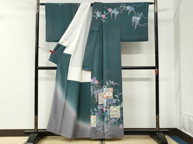 平和屋着物●名門・上野家　上野街子　清染居　訪問着　葡萄蔦の葉色紙草花文　暈し染め　正絹　逸品　CABG1127yc