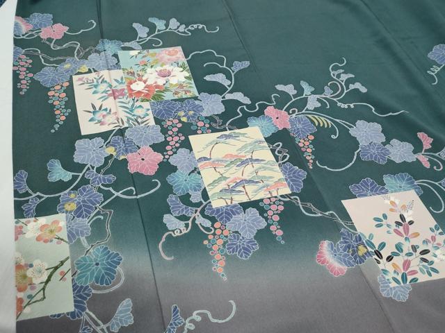 平和屋着物●名門・上野家　上野街子　清染居　訪問着　葡萄蔦の葉色紙草花文　暈し染め　正絹　逸品　CABG1127yc