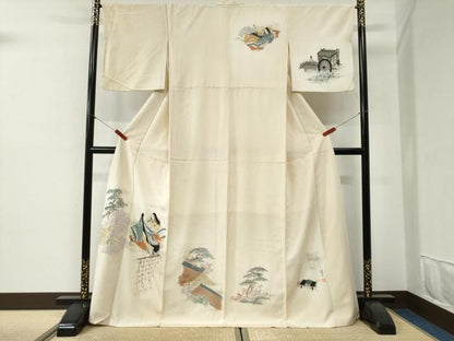 平和屋着物●訪問着　作家物　手描き　十二単　几帳人物花松文　暈し染め　ロング丈　正絹　逸品　CABG1149yc