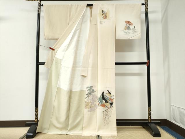 平和屋着物●訪問着　作家物　手描き　十二単　几帳人物花松文　暈し染め　ロング丈　正絹　逸品　CABG1149yc