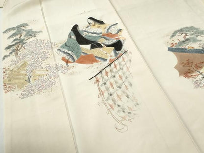 平和屋着物●訪問着　作家物　手描き　十二単　几帳人物花松文　暈し染め　ロング丈　正絹　逸品　CABG1149yc