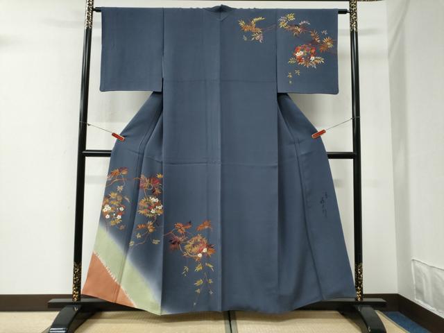 平和屋着物●二代目清次郎　手描き　訪問着　笹梅文　暈し染め　金彩　正絹　逸品　CABG1153yc