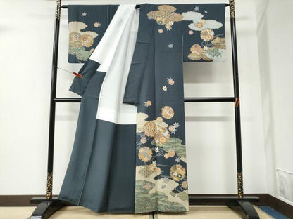 平和屋着物●訪問着　駒刺繍　雲取り雪輪竜田川扇面花文　金彩　正絹　逸品　CABG1165yc