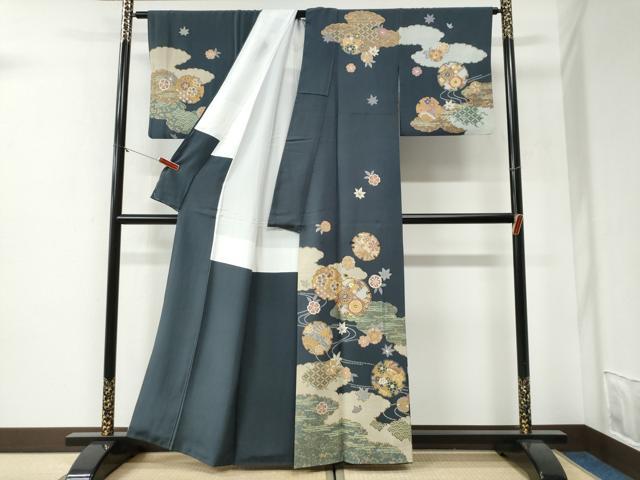 平和屋着物●訪問着　駒刺繍　雲取り雪輪竜田川扇面花文　金彩　正絹　逸品　CABG1165yc