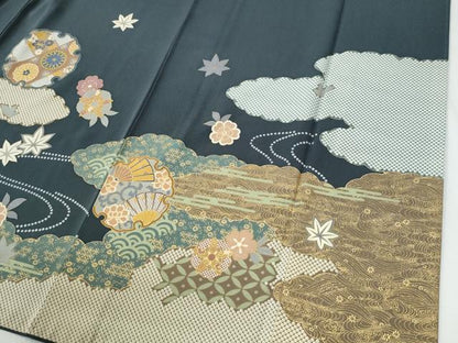 平和屋着物●訪問着　駒刺繍　雲取り雪輪竜田川扇面花文　金彩　正絹　逸品　CABG1165yc