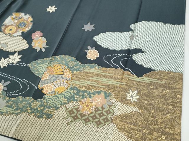 平和屋着物●訪問着　駒刺繍　雲取り雪輪竜田川扇面花文　金彩　正絹　逸品　CABG1165yc
