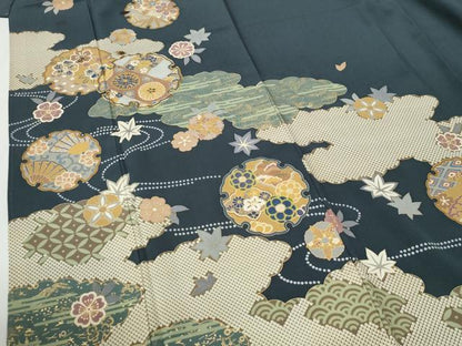 平和屋着物●訪問着　駒刺繍　雲取り雪輪竜田川扇面花文　金彩　正絹　逸品　CABG1165yc