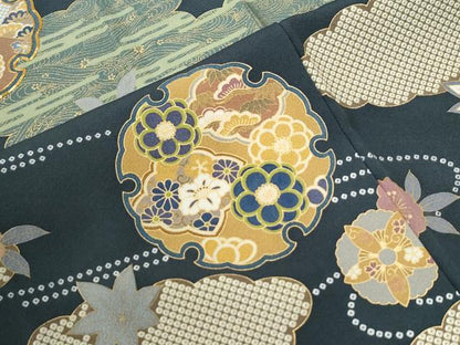 平和屋着物●訪問着　駒刺繍　雲取り雪輪竜田川扇面花文　金彩　正絹　逸品　CABG1165yc