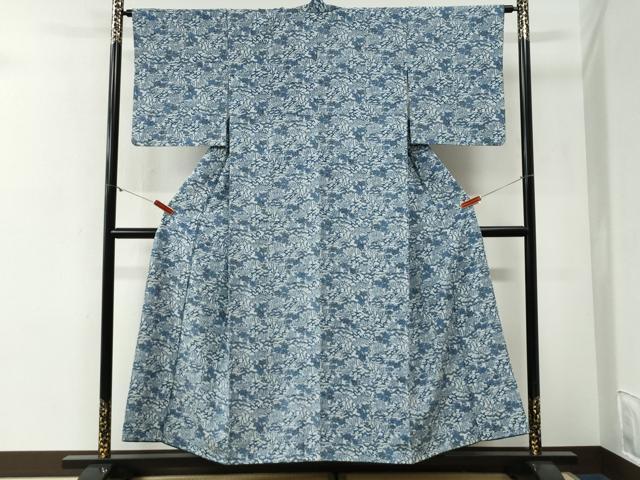 平和屋着物●上質な小紋　藍　型染め　浜松籬草花文　正絹　逸品　CABG1192yc