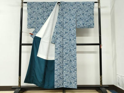 平和屋着物●上質な小紋　藍　型染め　浜松籬草花文　正絹　逸品　CABG1192yc