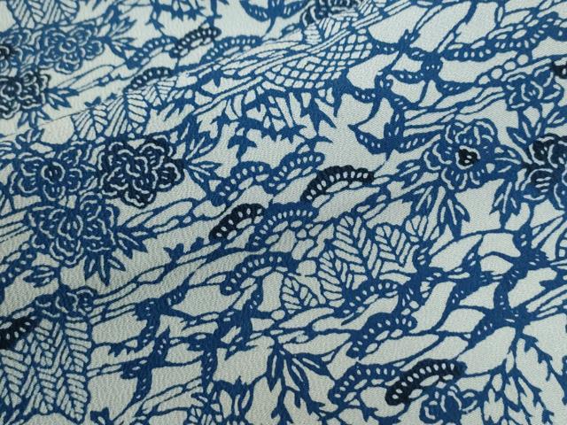 平和屋着物●上質な小紋　藍　型染め　浜松籬草花文　正絹　逸品　CABG1192yc