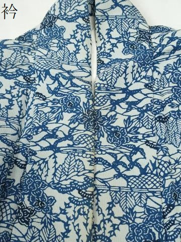 平和屋着物●上質な小紋　藍　型染め　浜松籬草花文　正絹　逸品　CABG1192yc