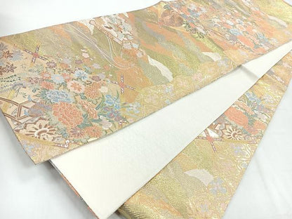 平和屋着物◎全通柄袋帯 吉祥花文 金糸 正絹 逸品 CABG1207nb