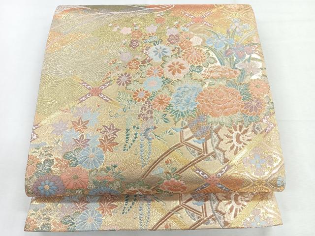 平和屋着物◎全通柄袋帯 吉祥花文 金糸 正絹 逸品 CABG1207nb