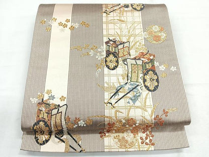 平和屋着物◎両面　六通柄袋帯　唐織　御所車文　金糸　正絹　逸品　CABG1208nb