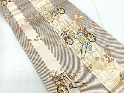 平和屋着物◎両面　六通柄袋帯　唐織　御所車文　金糸　正絹　逸品　CABG1208nb