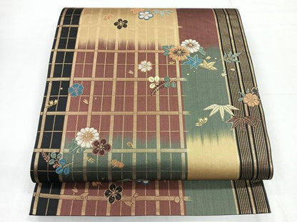 平和屋着物◎六通柄袋帯　唐織　花格子　金糸　正絹　逸品　CABG1210nb