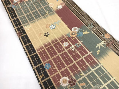 平和屋着物◎六通柄袋帯　唐織　花格子　金糸　正絹　逸品　CABG1210nb