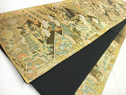 平和屋着物◎六通柄袋帯 吉祥花文 黒地 金糸 正絹 逸品 CABG1212nb