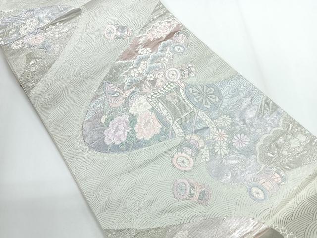 平和屋着物◎六通柄袋帯　唐織　九百錦　御所車花文　プラチナ二重箔　正絹　逸品　CABG1221nb