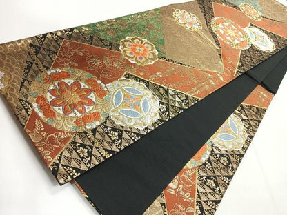 平和屋着物◎六通柄袋帯 唐織 正倉院花文 黒地 金銀糸 正絹 逸品 CABG1228nb