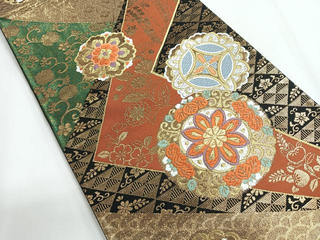 平和屋着物◎六通柄袋帯 唐織 正倉院花文 黒地 金銀糸 正絹 逸品 CABG1228nb