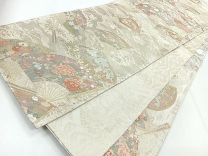 平和屋着物◎両面 全通柄袋帯 扇絵四季草花文 金糸 正絹 逸品 CABG1239nb