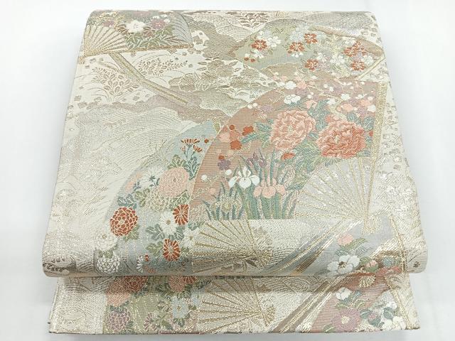 平和屋着物◎両面 全通柄袋帯 扇絵四季草花文 金糸 正絹 逸品 CABG1239nb