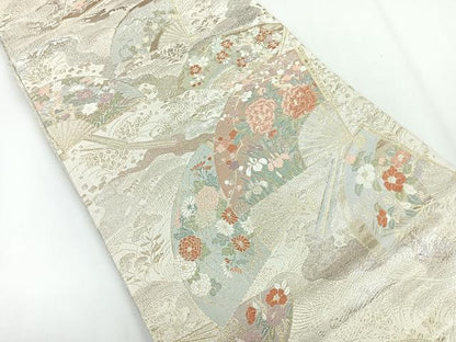 平和屋着物◎両面 全通柄袋帯 扇絵四季草花文 金糸 正絹 逸品 CABG1239nb
